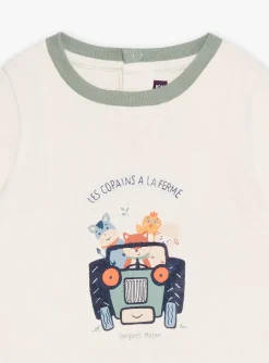 Sergent Major Ensemble, Combinaison & Salopette-Body-T-shirt vanille &agrave; manches longues &agrave; motif tracteur et animaux