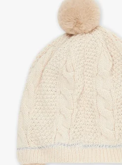 Sergent Major Bonnet, Echarpe & Gants-Bonnet &agrave; pompon beige en tricot
