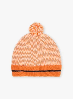Sergent Major Bonnet, Echarpe, & Gant-Bonnet &agrave; pompon orange en tricot