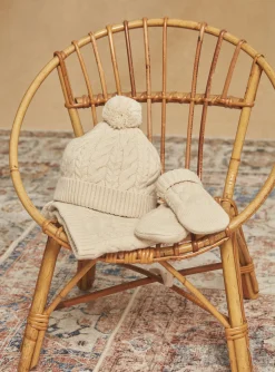 Sergent Major Bonnet, Echarpe & Gant-Bonnet beige en tricot torsad&eacute;