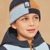 Sergent Major Bonnet, Echarpe, & Gant-Bonnet bleu et noisette en tricot
