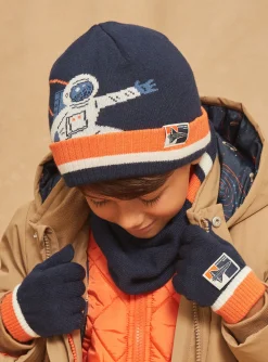Sergent Major Bonnet, Echarpe, & Gant-Bonnet bleu marine et orange en tricot
