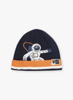 Sergent Major Bonnet, Echarpe, & Gant-Bonnet bleu marine et orange en tricot