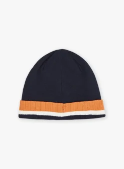 Sergent Major Bonnet, Echarpe, & Gant-Bonnet bleu marine et orange en tricot