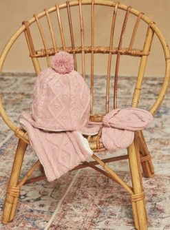Sergent Major Bonnet, Echarpe & Gant-Bonnet rose en tricot torsadé