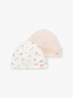 Sergent Major Bonnet, Moufle, Chausson & Chaussette-2 bonnets de naissance &eacute;cru et rose en coton