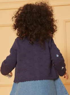 Sergent Major Pull, Gilet & Cardigan-Cardigan bleu marine textur&eacute; &agrave; fleurs brod&eacute;es