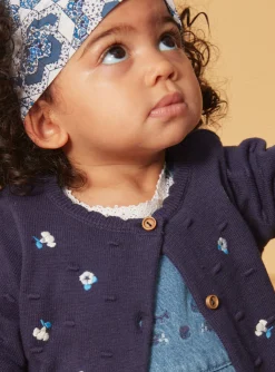 Sergent Major Pull, Gilet & Cardigan-Cardigan bleu marine textur&eacute; &agrave; fleurs brod&eacute;es