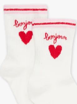 Sergent Major Sous-vêtement, Chaussette & Collant-Chaussettes &eacute;crues et rouges en jacquard &agrave; motif coeur