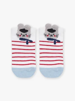 Sergent Major Chaussettes-Chaussettes écrues, rouges et bleues en jacquard rayé
