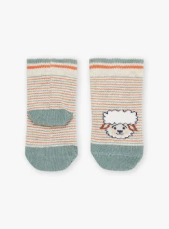 Sergent Major Chaussettes-Chaussettes ray&eacute;es beige clair &agrave; motif mouton et renard