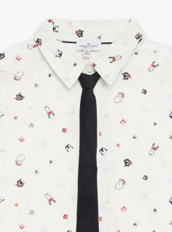 Sergent Major Chemise-Chemise blanche &agrave; imprim&eacute; No&euml;l et cravate bleu marine
