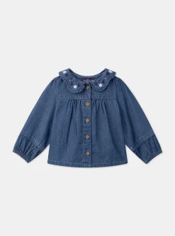 Sergent Major T-shirt & Blouse-Chemisier en jean bleu &agrave; col volant&eacute;