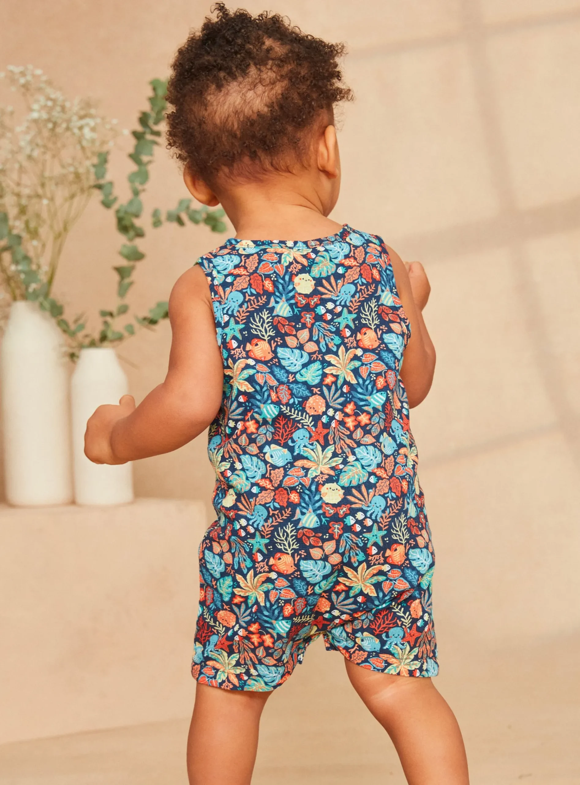 Sergent Major Ensemble, Combinaison & Salopette-Combishort en popeline bleu marine à imprimé poisson et feuilles multicolores