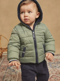 Sergent Major Manteau, Parka & Veste-Doudoune &agrave; capuche vert sauge et bleu marine r&eacute;versible