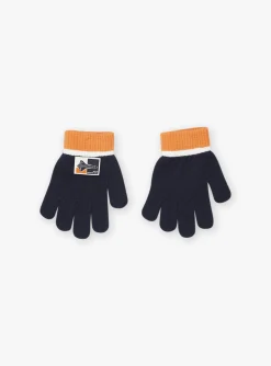 Sergent Major Bonnet, Echarpe, & Gant-Gants bleu marine et orange en tricot