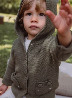 Sergent Major Pull, Gilet & Cardigan-Gilet &agrave; capuche kaki en tricot
