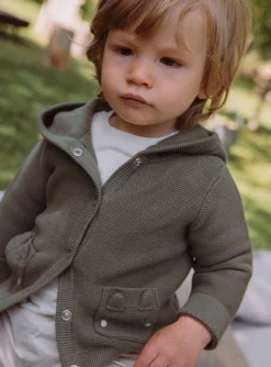Sergent Major Pull, Gilet & Cardigan-Gilet &agrave; capuche kaki en tricot