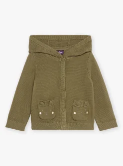 Sergent Major Pull, Gilet & Cardigan-Gilet &agrave; capuche kaki en tricot