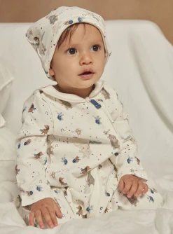 Sergent Major Pyjama & Grenouillère-Grenouillière et bonnet écru en velours à imprimé animaux