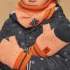 Sergent Major Bonnet, Echarpe, & Gant-Mouffles orange en tricot
