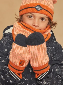 Sergent Major Bonnet, Echarpe, & Gant-Mouffles orange en tricot