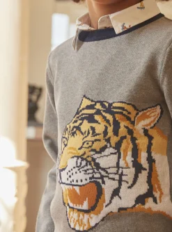 Sergent Major Pull, Gilet & Sweat-Pull gris chin&eacute; &agrave; motif t&ecirc;te de tigre