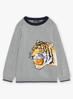 Sergent Major Pull, Gilet & Sweat-Pull gris chin&eacute; &agrave; motif t&ecirc;te de tigre