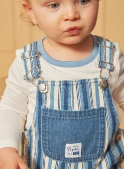 Sergent Major Ensemble, Combinaison & Salopette-Salopette longue bleu et blanc en denim &agrave; imprim&eacute; &agrave; rayures