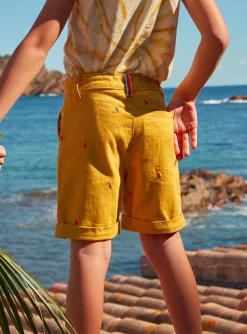 Sergent Major Bermuda-Short moutarde &agrave; broderies aileron de requin multicolores