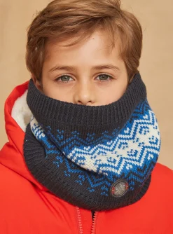 Sergent Major Bonnet, Echarpe, & Gant-Snood bleu marine et blanc en tricot