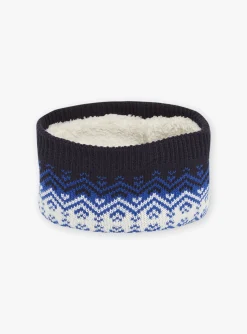 Sergent Major Bonnet, Echarpe, & Gant-Snood bleu marine et blanc en tricot