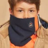 Sergent Major Bonnet, Echarpe, & Gant-Snood bleu marine et orange en tricot