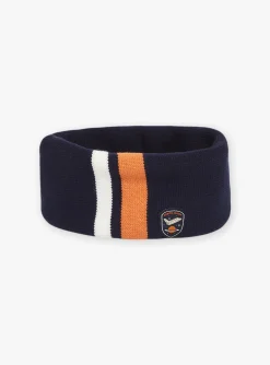 Sergent Major Bonnet, Echarpe, & Gant-Snood bleu marine et orange en tricot
