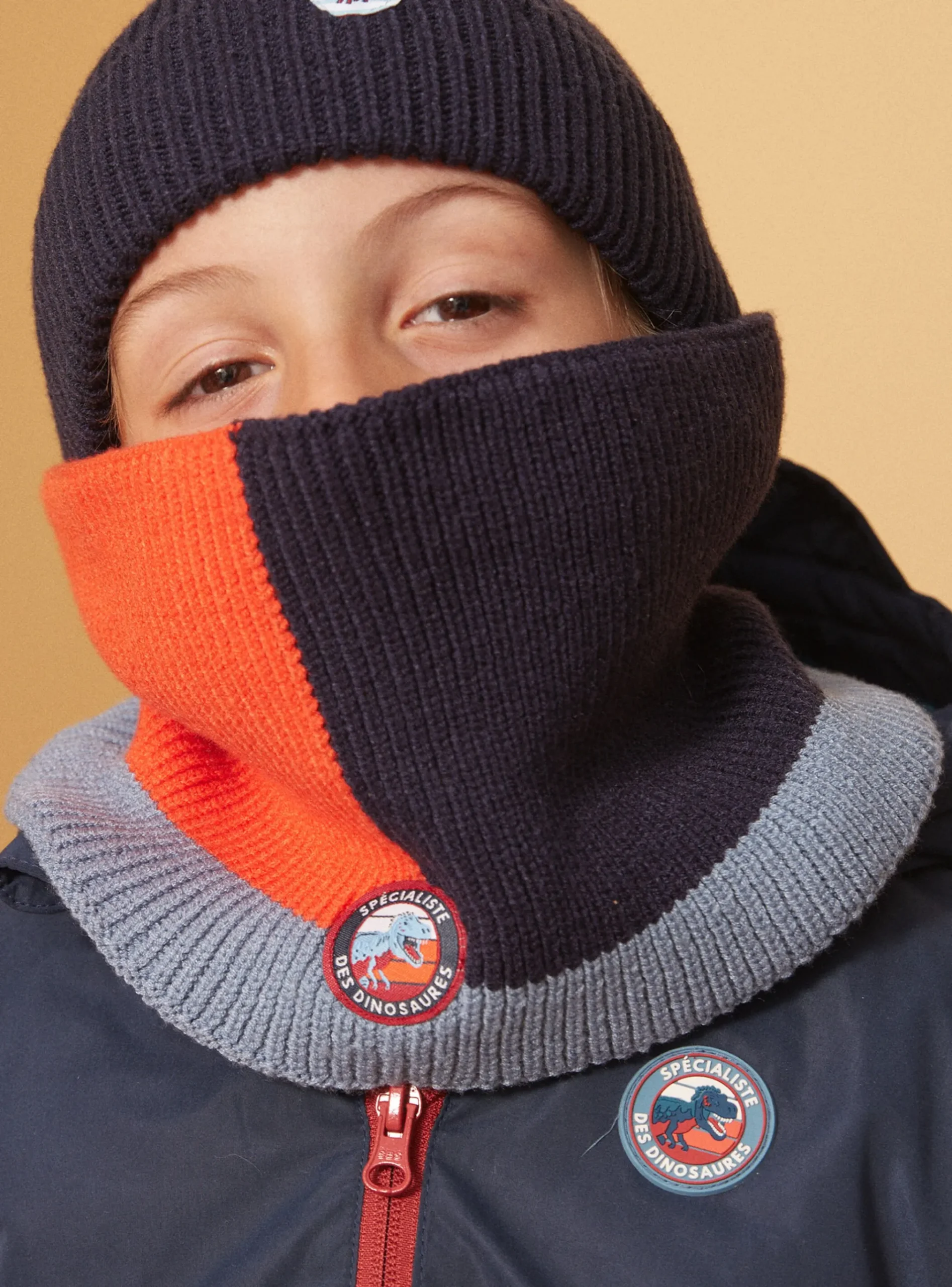 Sergent Major Bonnet, Echarpe, & Gant-Snood maille côtelé tricolore