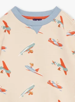 Sergent Major Pull, Gilet & Sweat-Sweat beige clair en molleton &agrave; imprim&eacute; avions