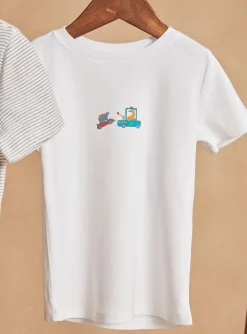 Sergent Major Sous-vêtement & Chaussettes-2 T-shirts &eacute;crus &agrave; imprim&eacute; &agrave; rayures et motifs vaisseau spatial et voitures